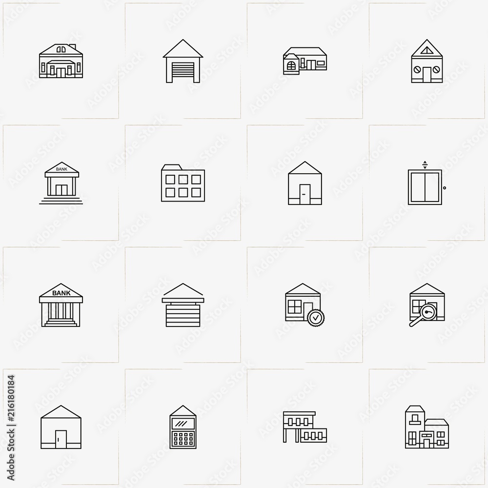 Buildings line icon set with bank, garage and farm