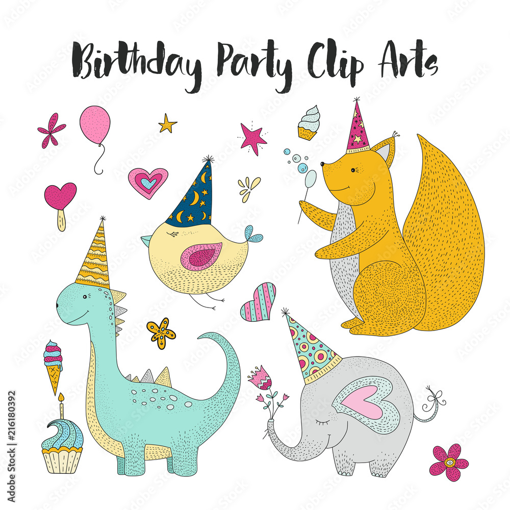 Big set of birthday party vector clip arts. Cute hand drawn animals and cartoon elements. Big set of birthday party vector clip arts. Cute hand drawn animals and cartoon elements.