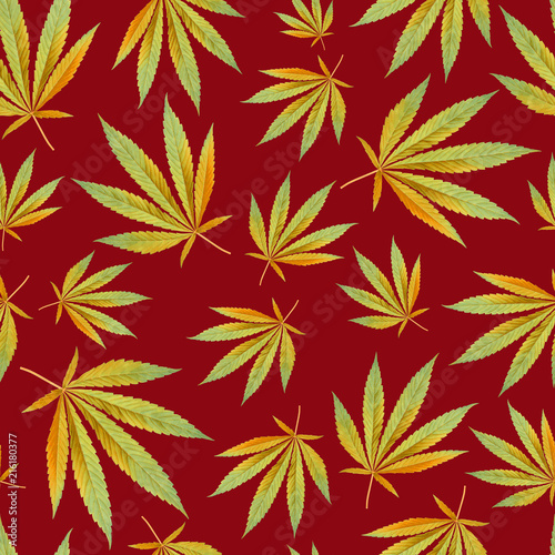 red texture for design textile. yellow leaves cannabis Marijuana. Seamless modern Pattern