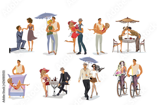 Set of romantic couples in love kissing, hugging, walking, riding, eating, having a rest, giving gifts. Vector illustration. 