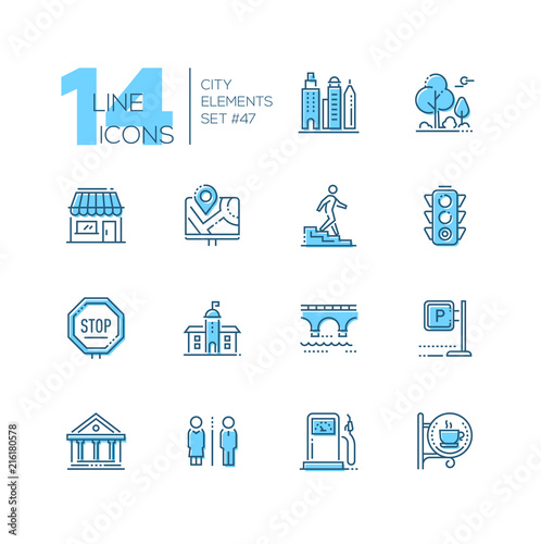 City elements - set of line design style blue icons