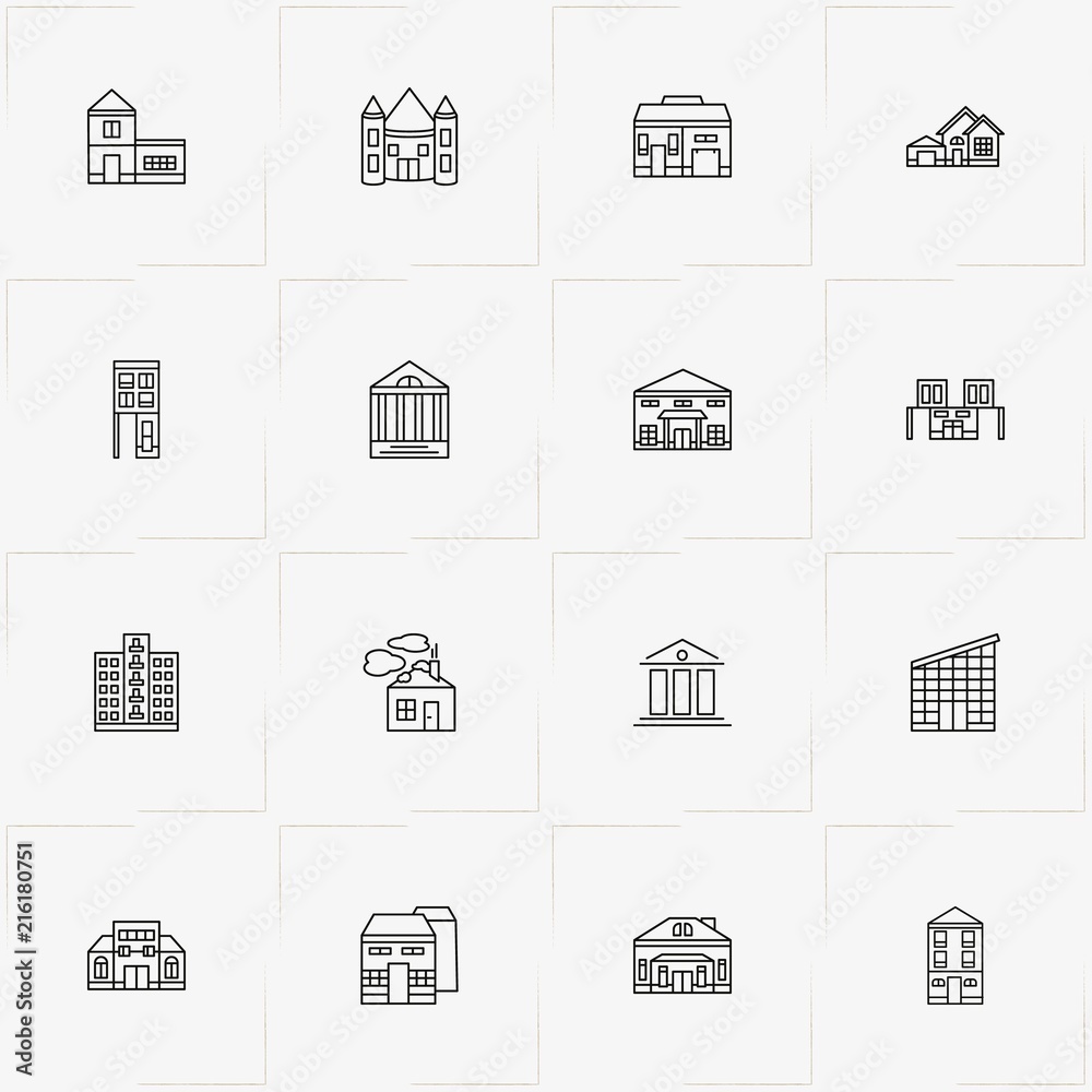 Buildings line icon set with castle, house and bank Buildings line icon set with castle, house and bank