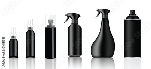 Mock up Realistic Black Plastic Spray Packaging Product For Cleaner or Toiletries Bottle Set isolated on White Background.
