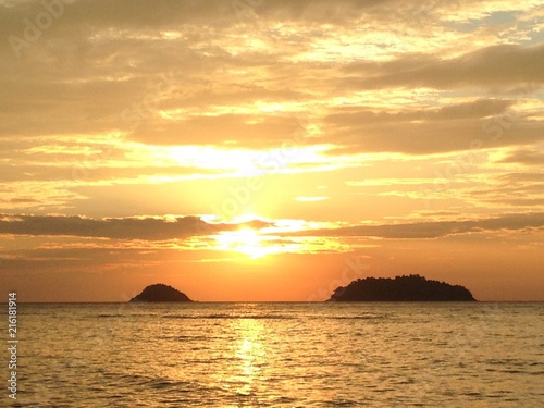 gold  sunset  sea  sun  sky  water  ocean  beach  kochang  thailand