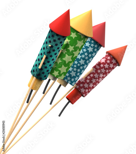 Vintage fireworks rockets, isolated on white background,blur depth of field, 3d rendering.