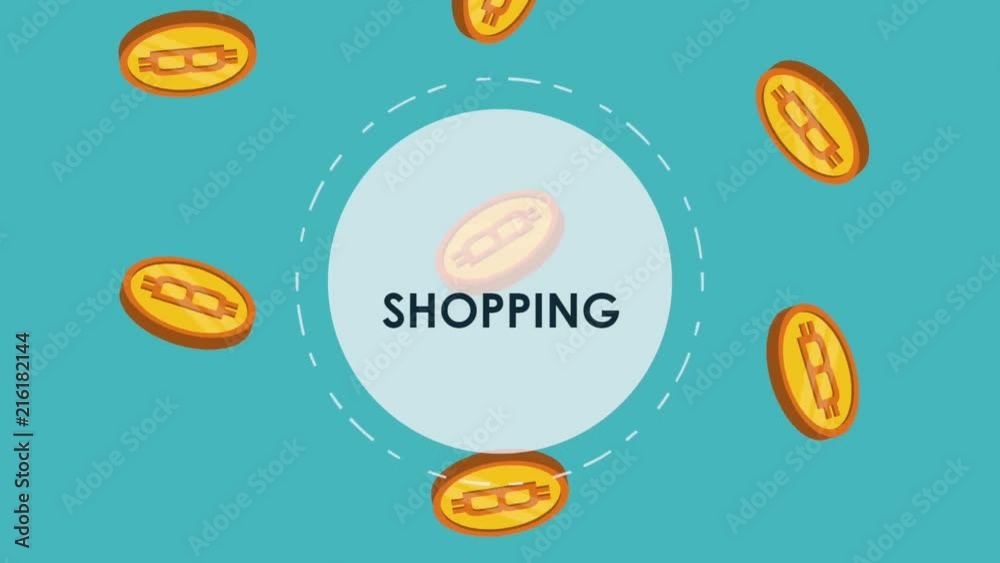 Online shopping round emblem over coins falling background high definition colorful animation scenes Online shopping round emblem over coins falling background high definition colorful animation scenes