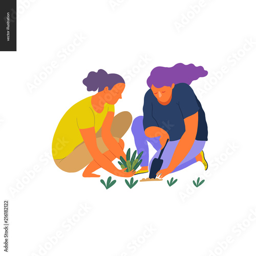 People summer gardening - flat vector concept illustration of two young women sitting on the ground in the squatting position planting a plant into the soil with a scoop, self-sufficiency concept