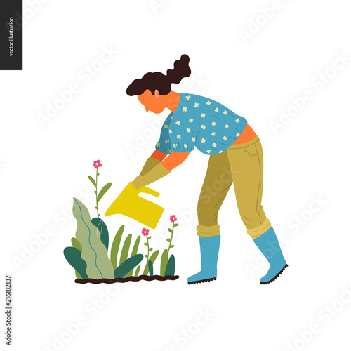 People summer gardening - flat vector concept illustration of a young woman wearing blouse and trousers, mitts and boots, watering a blooming plant, self-sufficiency concept
