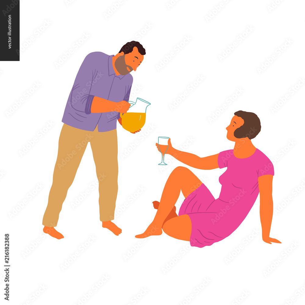 People summer gardening - flat vector concept illustration of young woman sitting on the ground holding a glass and a man standing and pouring lemonade into that glass, self-sufficiency concept People summer gardening - flat vector concept illustration of young woman sitting on the ground holding a glass and a man standing and pouring lemonade into that glass, self-sufficiency concept