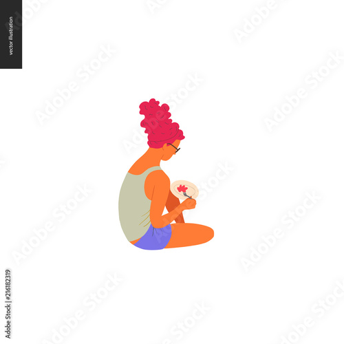 People park festival picnic -flat vector concept illustration of a young red haired woman with tall hirstyle wearing tank top and shorts, sitting on the ground and eating food with fork from the plate