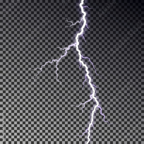 Lightning bolt isolated on dark checkered background. Transparent thunderbolt flah effect. Realistic