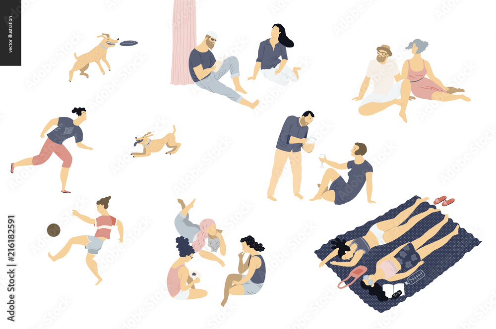 People park festival picnic - flat vector concept illustration of a group of people relaxing in the park - having picnic, getting tan, playing soccer, reading, playing with a dog, talking in a company