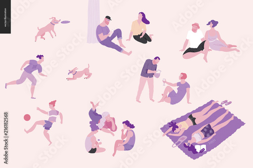 People park festival picnic - flat vector concept illustration of a group of people relaxing in the park - having picnic, getting tan, playing soccer, reading, playing with a dog, talking in a company