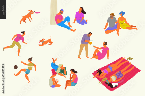 People park festival picnic - flat vector concept illustration of a group of people relaxing in the park - having picnic, getting tan, playing soccer, reading, playing with a dog, talking in a company