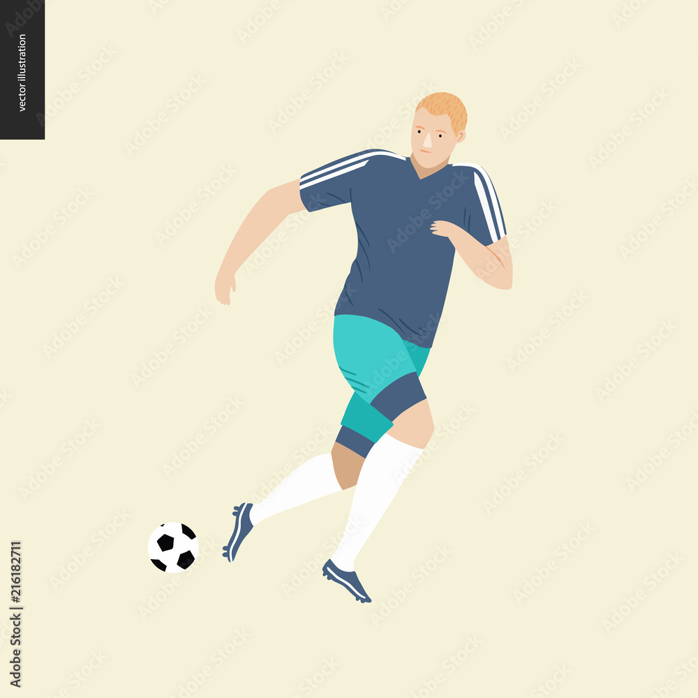 European football, soccer player - flat vector illustration of a young man wearing european football player equipment kicking a soccer ball European football, soccer player - flat vector illustration of a young man wearing european football player equipment kicking a soccer ball