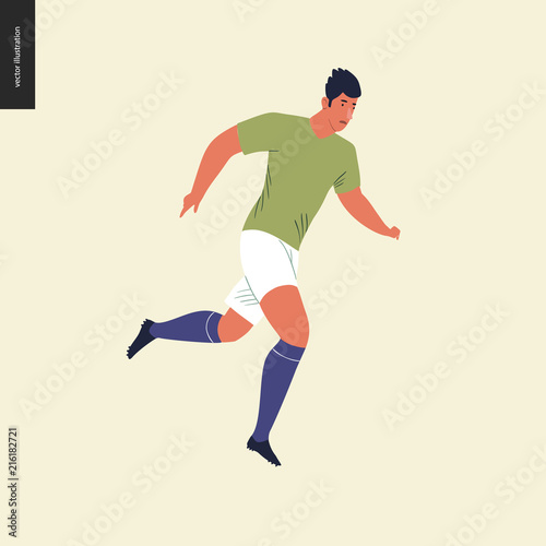 European football, soccer player - flat vector illustration of a running young man wearing european football player equipment
