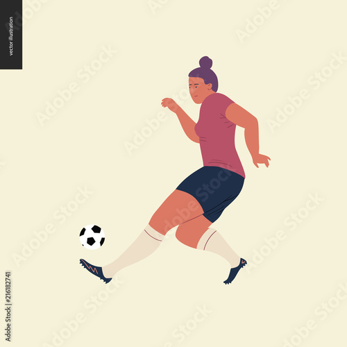 Womens European football, soccer player - flat vector illustration of a young woman wearing european football player equipment kicking a soccer ball