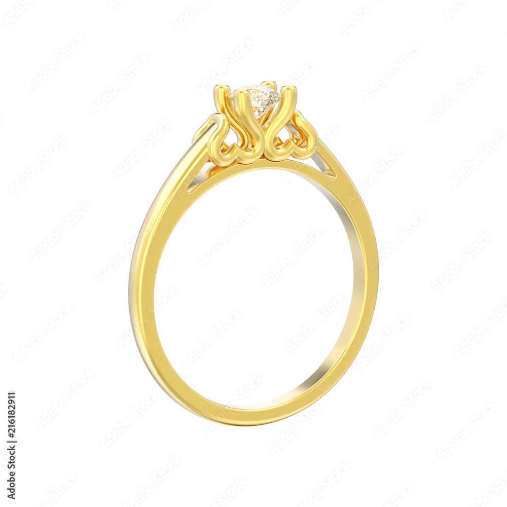 3D illustration isolated yellow gold solitaire wedding diamond ring with heart prongs on a white background