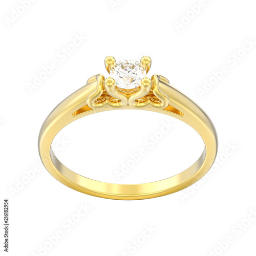 3D illustration isolated yellow gold solitaire wedding diamond ring with heart prongs on a white background
