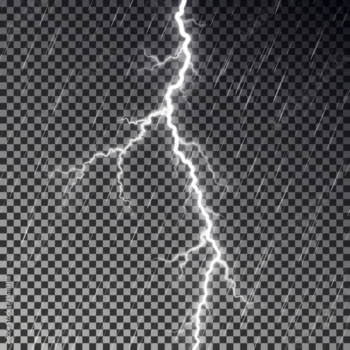 Dark raining sky and lightning bolt isolated on checkered background. Transparent rain effect. Reali