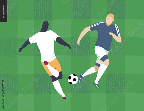 European football  soccer players - flat vector illustration of a young men wearing european football player equipment kicking a soccer ball on the background of green grass checked football field