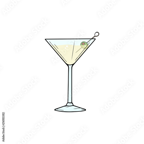 Dry Martini alcohol cocktail in glass with green olive. Vector illustration isolated on white background. Classic cocktail. Hand sketched composition made for menu design, bar, restaurant, print.