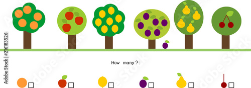 How many different fruits on trees. Counting educational game with different fruits for preschool kids