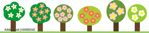 Set of different blossoming fruit trees in simplified cartoon style isolated on white background