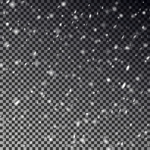 Snowflake isolated on checkered background. Transparent overlay snow fall effect. Realistic Xmas sno