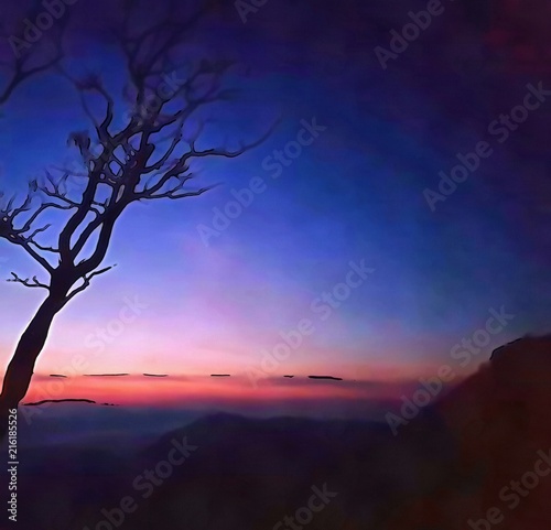 Hand drawing watercolor art on canvas. Artistic big print. Original modern painting. Acrylic dry brush background.  Charming view of the riddles of nature. Beautiful landscape. Excellent sunset.