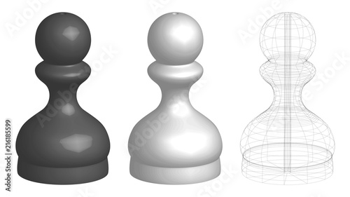 set of three 3d chess pawns, white, black, and frame lines silhouette, vector illustration isolated on white background