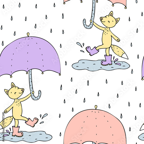 seamless pattern with fox with umbrella.