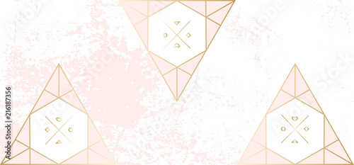Trendy Chic pastel colored background with Gold geometric shapes. Abstract unusual worn textures for wedding invitation cards, business cards, fashion headers, posters, artistic backgrounds. Vector