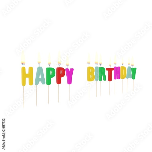 Happy Birthday Candles with Flame on white. 3D illustration