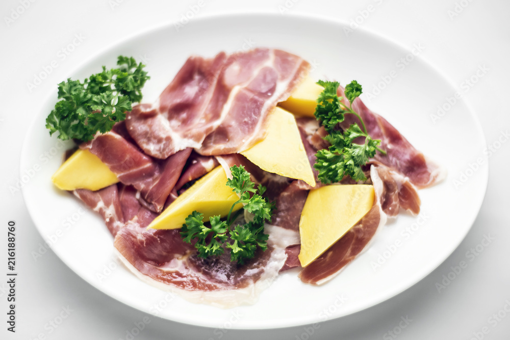jamon serrano parma prosciutto style smoked ham with mango fruit jamon serrano parma prosciutto style smoked ham with mango fruit