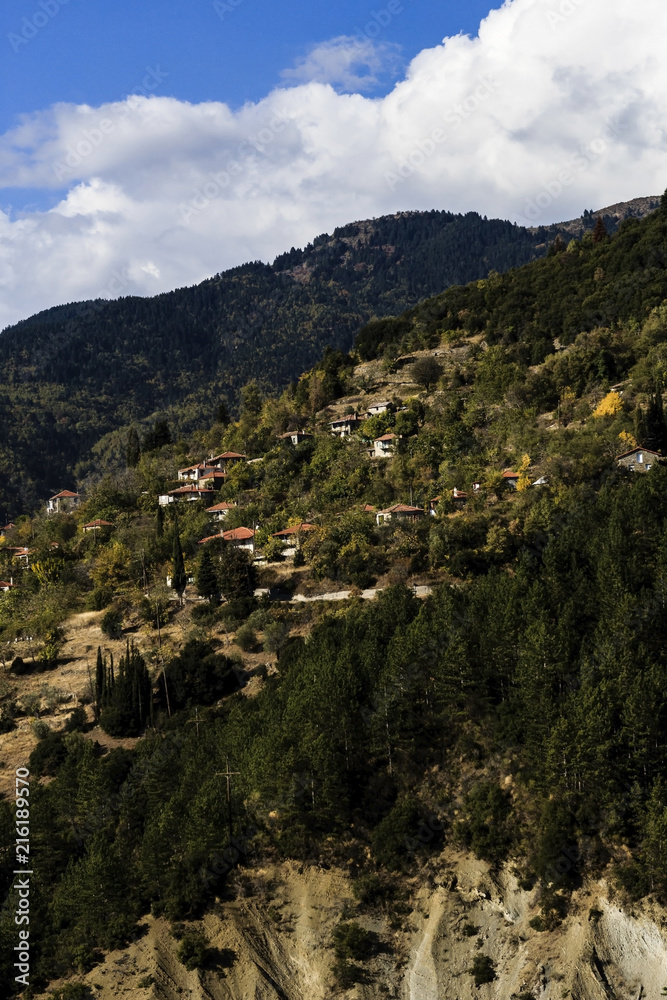 Traditional village purched on Greek mountains