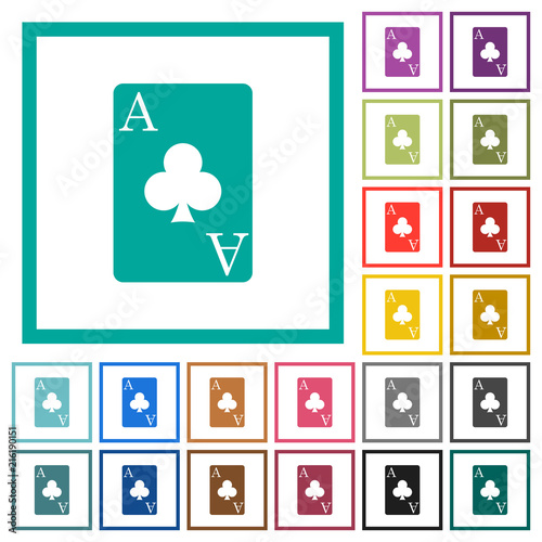 Ace of clubs card flat color icons with quadrant frames
