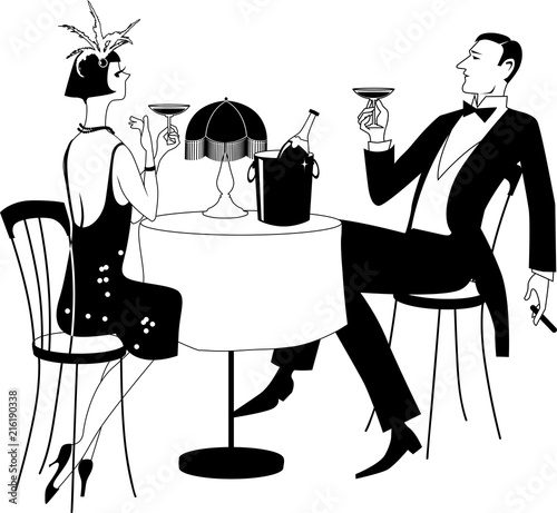 Couple dressed in 1920th period clothes having champagne in a night club, EPS 8 black vector line illustration, no white objects