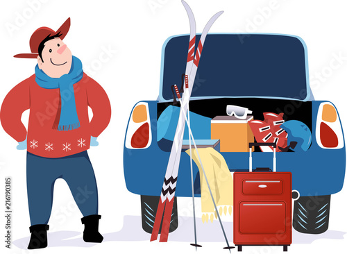 Man standing at a car with open trunk packed for a ski trip, EPS 8 vector illustration