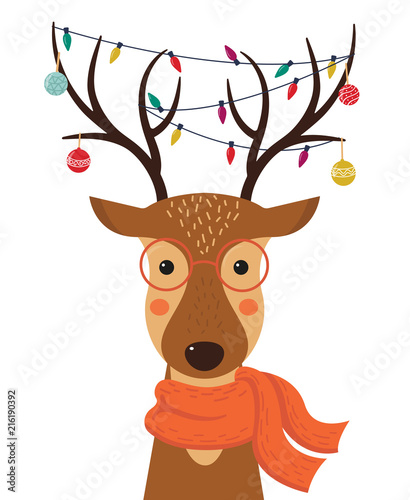 Cute cartoon deer with Christmas toys, garlands on the horns and scarf. Merry Christmas. Happy new year. Vector illustration.