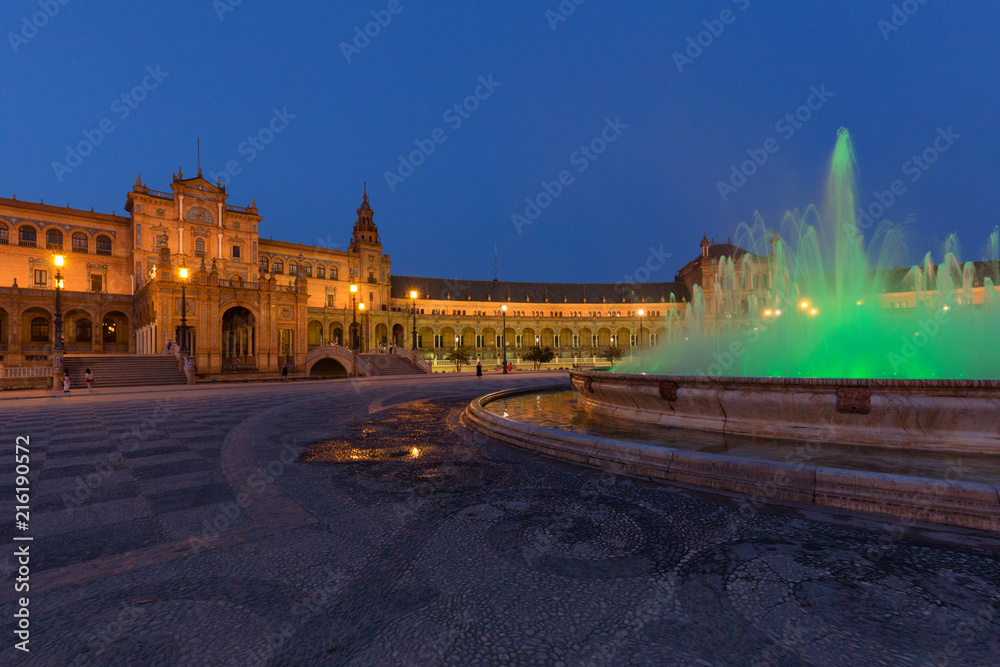 Seville, Spain. Night view of the Spanish square (Plaza de Espana) 