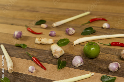Preparation vegetables and herb on wooden table, cooking wallpaper