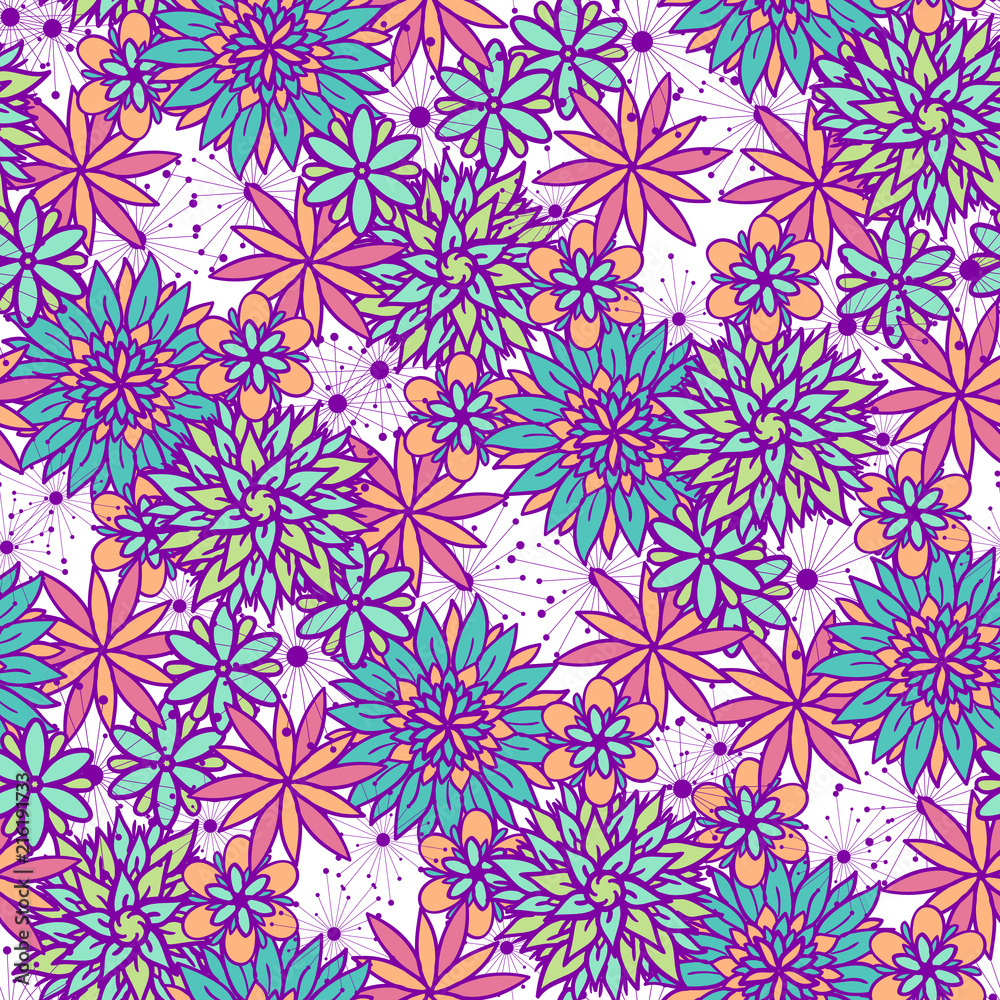 Vector abstract floral seamless pattern in pink, blue, violet and orange colors. Repeating design with cute doodle flowers for textile, fabric, surfaces. Beautiful wallpaper. Vector abstract floral seamless pattern in pink, blue, violet and orange colors. Repeating design with cute doodle flowers for textile, fabric, surfaces. Beautiful wallpaper.