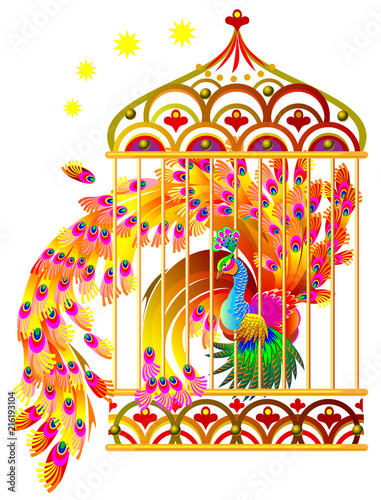 Fantasy drawing of fairyland firebird sitting in a gold cage. Vector cartoon image.