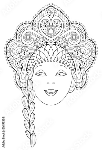 Black and white page for coloring. Fantasy drawing of woman's face in beautiful folk headdress. Worksheet for children and adults. Vector image.