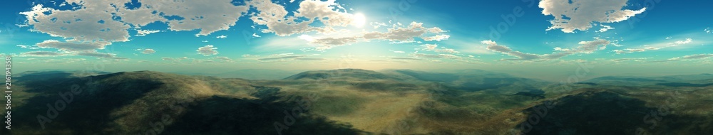 Panorama of the hills under the sky with clouds. Hills and sky.
3D rendering
