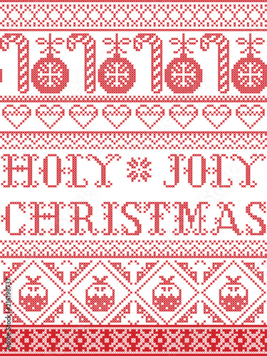 Christmas pattern Holy Joly Christmas vector seamless pattern inspired by nordic culture festive winter in cross stitch with heart, snowflake, bauble, christmas pudding, Christmas tree ornament