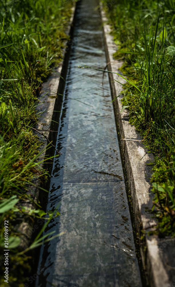 Oak wooden gutter for water supply. Decorative well Oak wooden gutter for water supply. Decorative well