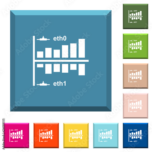 Network statistics white icons on edged square buttons photo