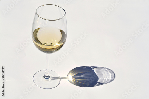 Glass of white wine in the sunlight  with shadow reflection effect and a empty copy space mock up layout background